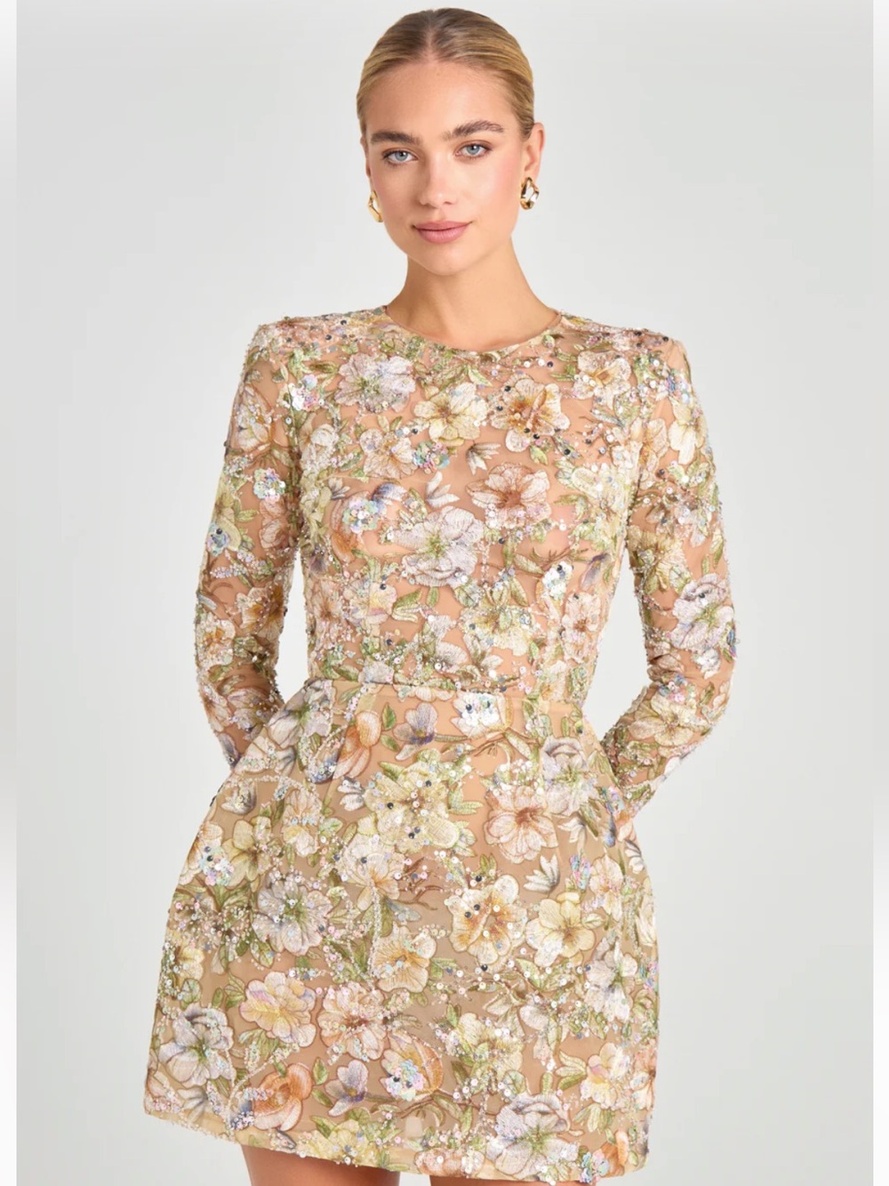 new Nadine Merabi Sienna floral sequin embellished long sleeve mini dress